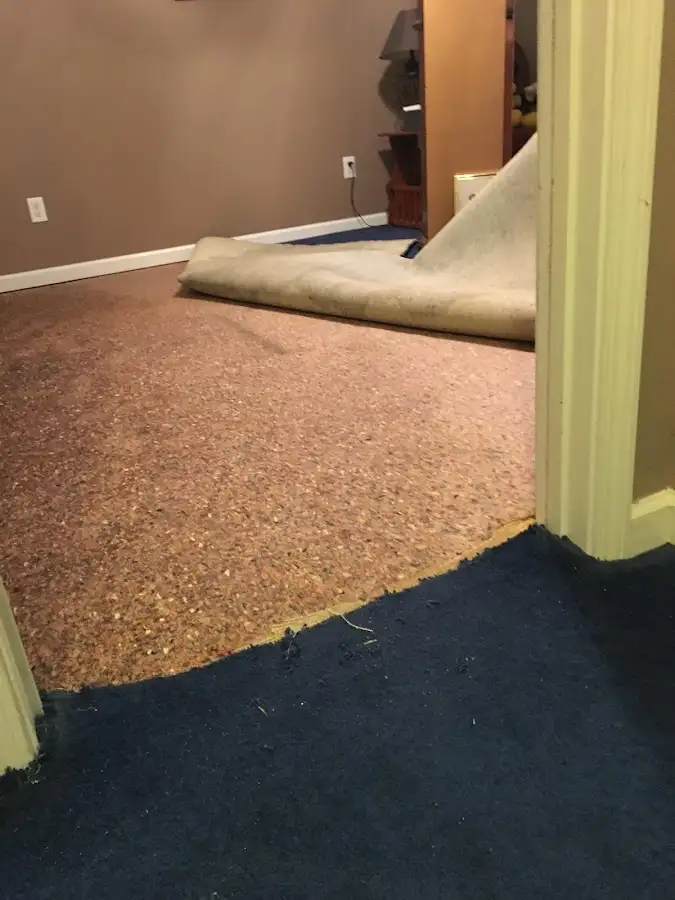 Carpet pad removal revealing water damage during Drying & Dehumidification in Uniontown